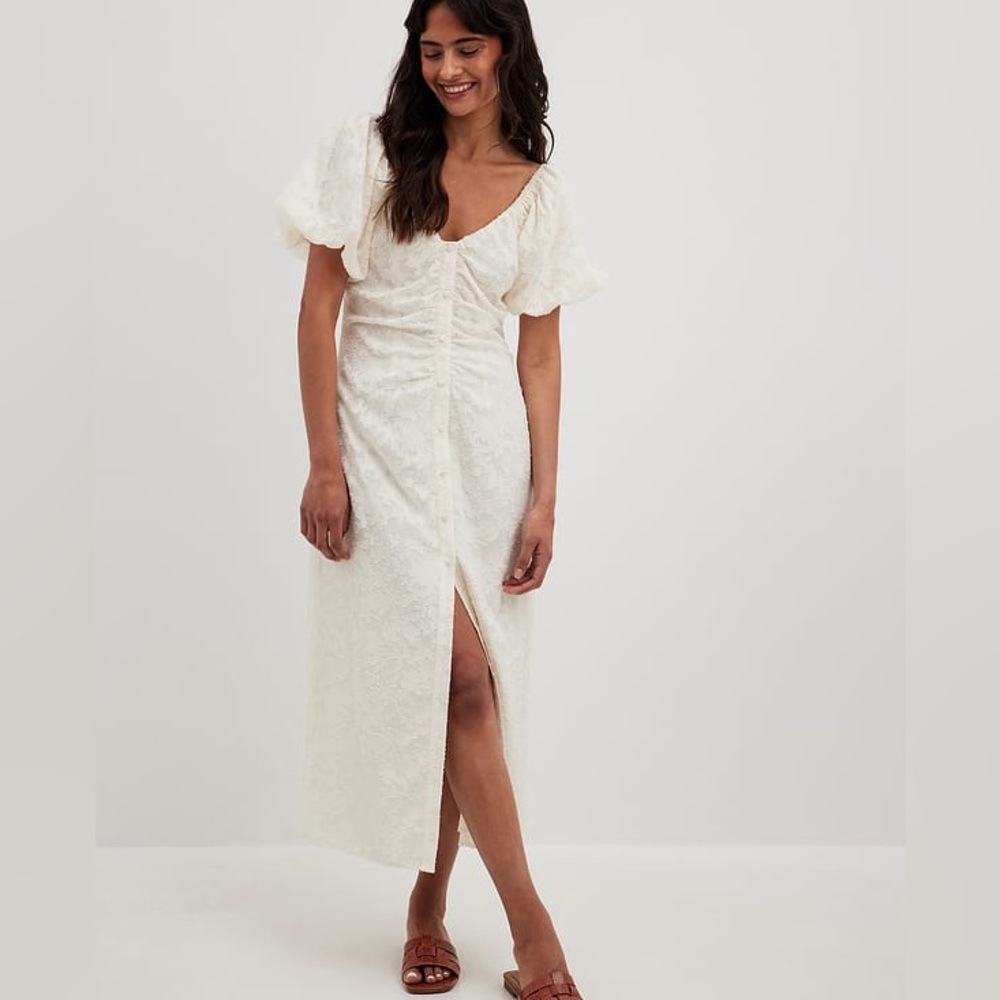 Chic Cream Puff Sleeve Midi Dress